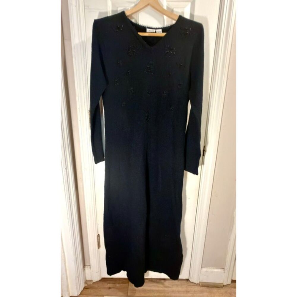 Carol Joffe Black V-Neck Beaded Maxi Sweater Dress with Side Slits Size Lg